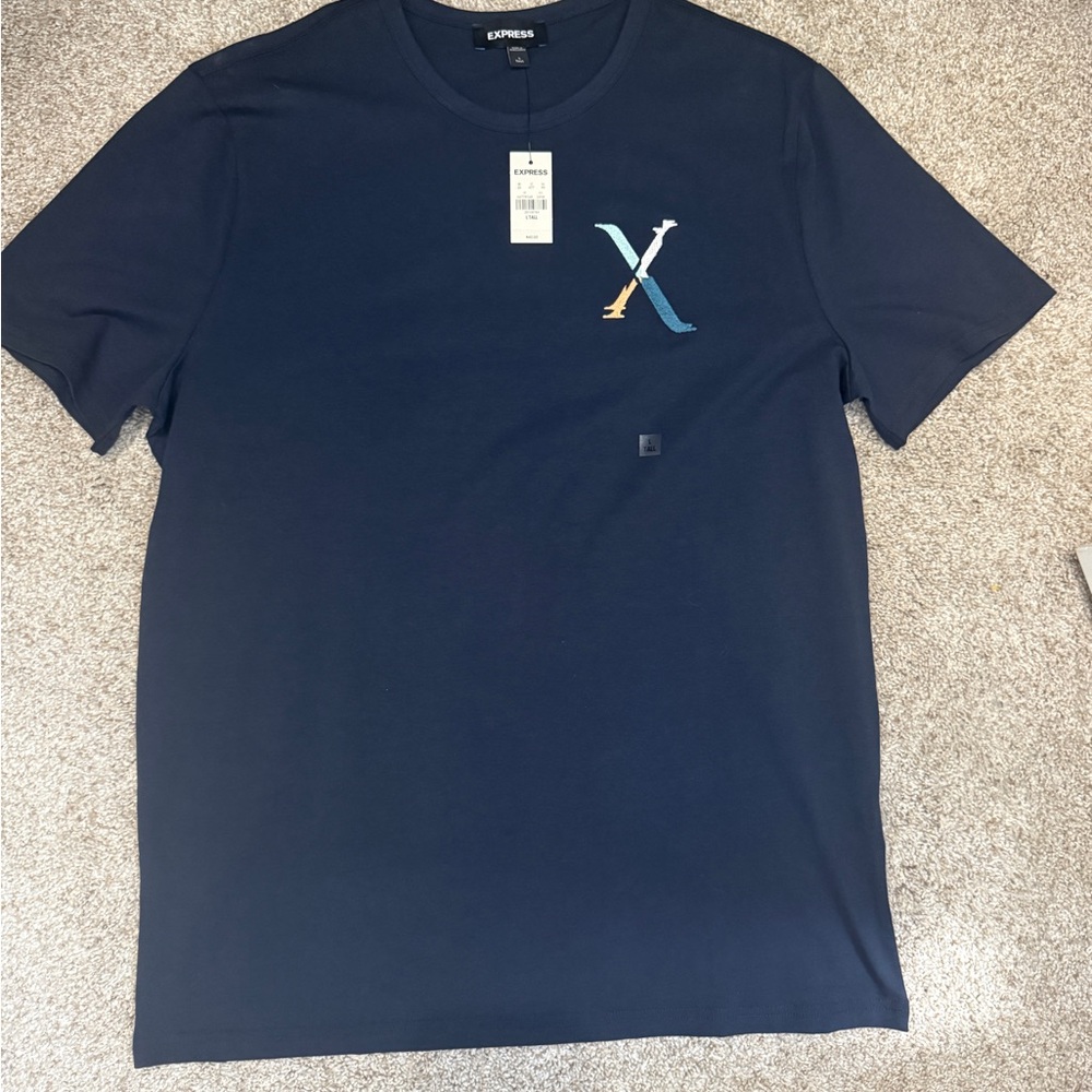 Express Dark Blue Men's Embroidered Graphic Tee with Logo Size L Tall NWT